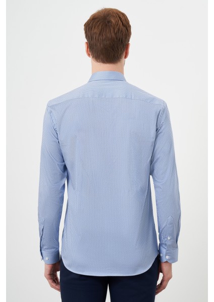 Erkek Mavi Pamuk Baskılı Desenli Italyan Yaka Slim Fit Gömlek