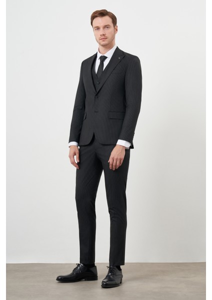 Erkek Siyah Poliviskon Trend Yelekli Çizgili Desen Slim Fit Sivri Yaka Takım Elbise fiyatları