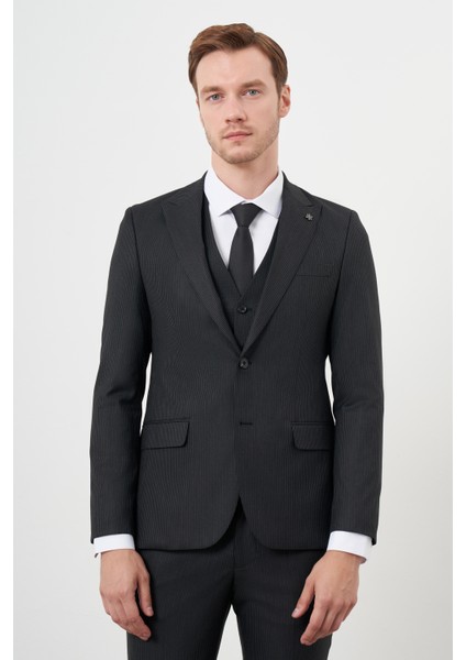 Erkek Siyah Poliviskon Trend Yelekli Çizgili Desen Slim Fit Sivri Yaka Takım Elbise modelleri