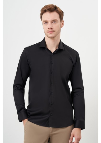 Erkek Siyah Pamuk Düz Desen Italyan Yaka Slim Fit Gömlek