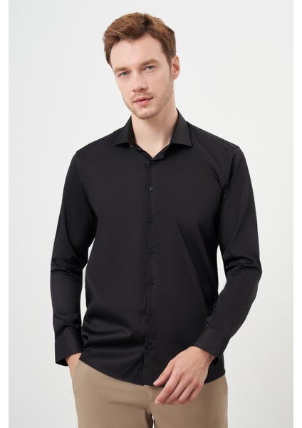 Erkek Siyah Pamuk Düz Desen Italyan Yaka Slim Fit Gömlek fiyatları