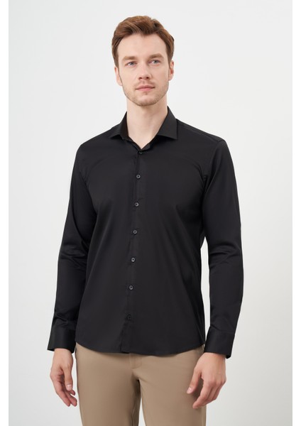Erkek Siyah Pamuk Düz Desen Italyan Yaka Slim Fit Gömlek modelleri