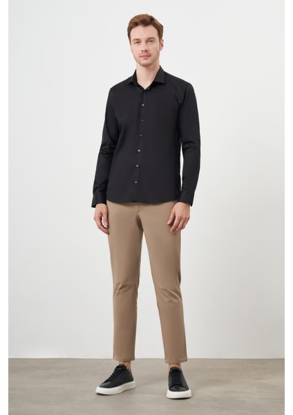 Erkek Siyah Pamuk Düz Desen Italyan Yaka Slim Fit Gömlek fırsatları