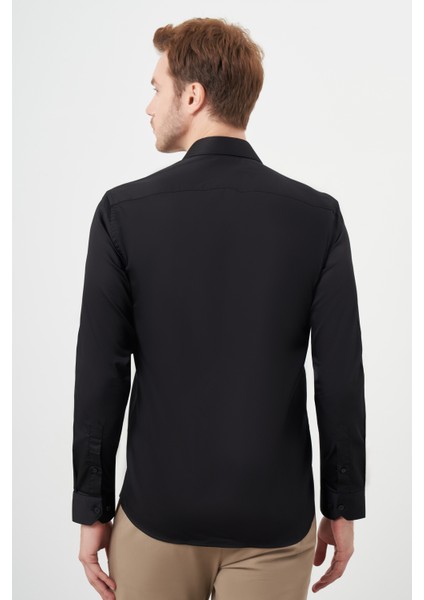 Erkek Siyah Pamuk Düz Desen Italyan Yaka Slim Fit Gömlek indirimleri