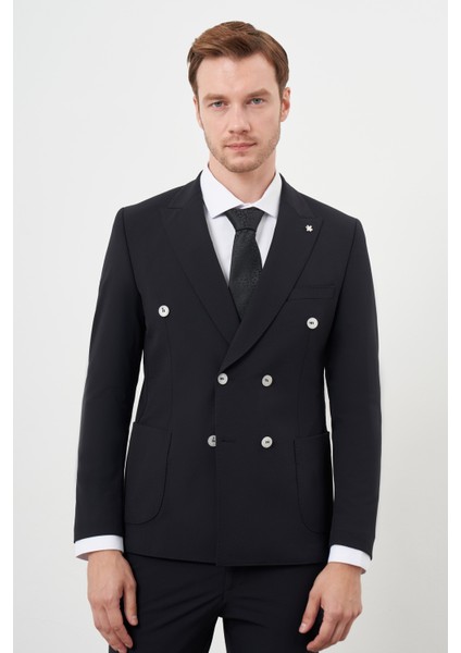 Erkek Siyah Polyamide Trend Kruvaze Slim Fit Sivri Yaka Takım Elbise modelleri