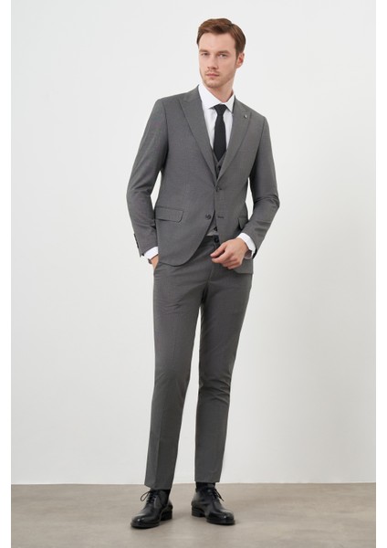 Erkek Füme Poliviskon Trend Yelekli Desenli Slim Fit Sivri Yaka Takım Elbise modelleri