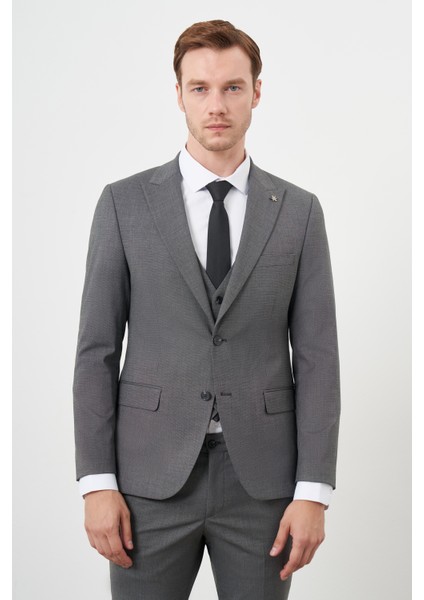 Erkek Füme Poliviskon Trend Yelekli Desenli Slim Fit Sivri Yaka Takım Elbise fırsatları