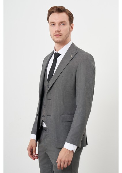Erkek Füme Poliviskon Trend Yelekli Desenli Slim Fit Sivri Yaka Takım Elbise indirimleri