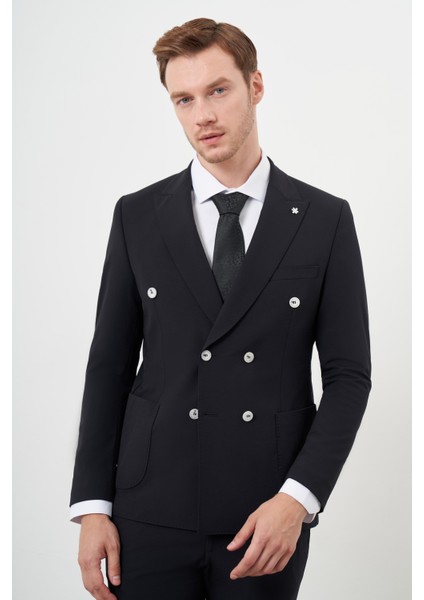 Erkek Siyah Polyamide Trend Kruvaze Slim Fit Sivri Yaka Takım Elbise fırsatları