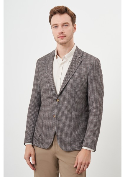 Erkek Kahve Örme Slim Fit Torba Cep Mono Yaka Spor Ceket