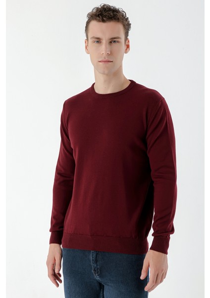 Erkek Koyu Bordo Basic Bisiklet Yaka Dynamic Fit Rahat Kesim Triko