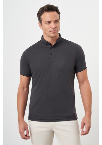 Erkek Siyah Trend Merserize Düz Düğmeli Yaka Dynamic Fit T-Shirt