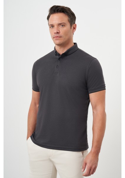 Erkek Siyah Trend Merserize Düz Düğmeli Yaka Dynamic Fit T-Shirt modelleri