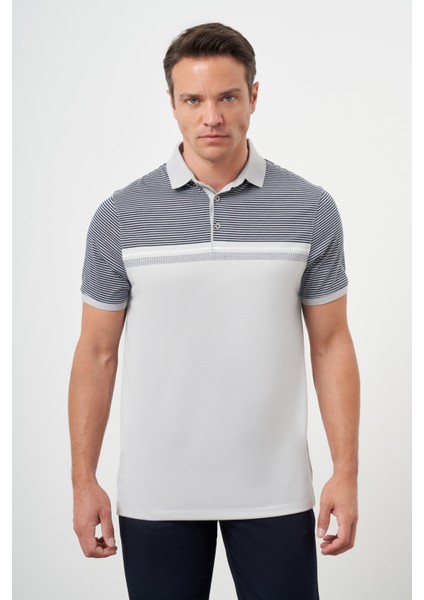 Erkek Gri Trend Çizgili Polo Yaka Dynamic Fit T-Shirt