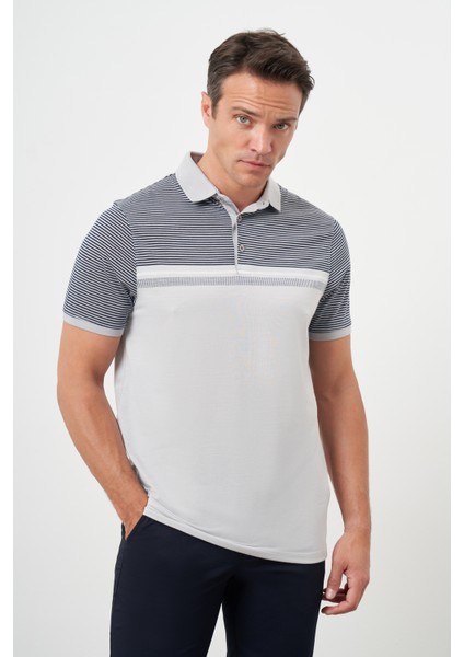 Erkek Gri Trend Çizgili Polo Yaka Dynamic Fit T-Shirt