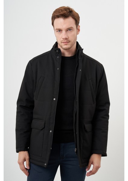 Erkek Siyah Wagon Çıtçıtlı Kapüşonlu Dynamic Fit Rahat Kesim Mont