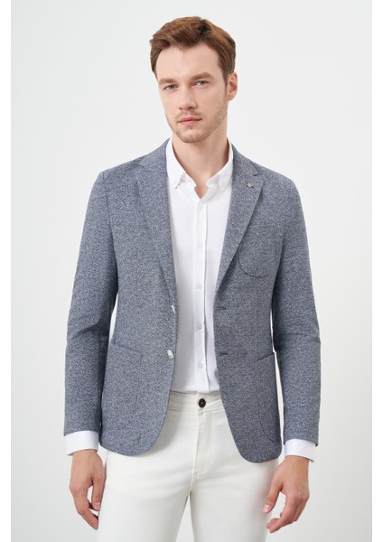 Erkek Indigo Örme Slim Fit Torba Cep Mono Yaka Spor Ceket