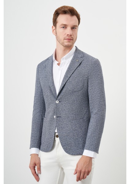 Erkek Indigo Örme Slim Fit Torba Cep Mono Yaka Spor Ceket
