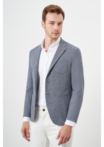 Erkek Indigo Örme Slim Fit Torba Cep Mono Yaka Spor Ceket