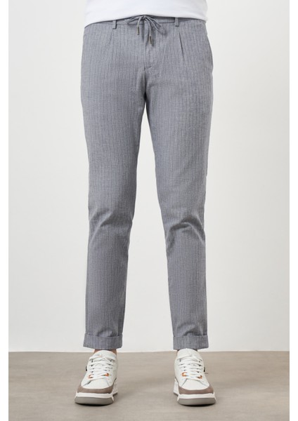 Erkek Lacivert Pamuk Keten Trend Ipli Jogger Slim Fit Spor Pantolon