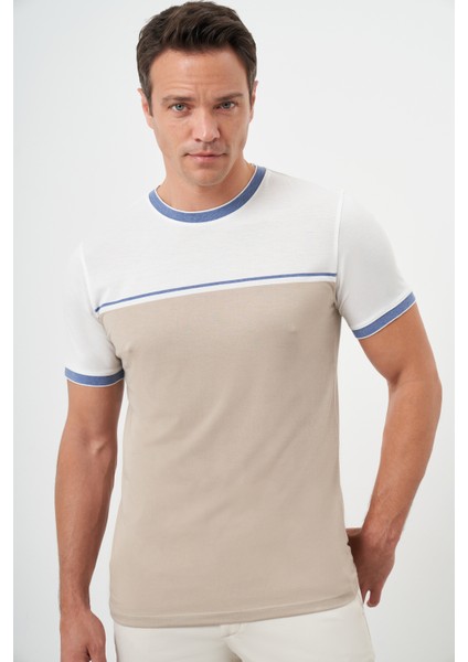 Erkek Bej Trend Çizgili Bisiklet Yaka Dynamic Fit T-Shirt