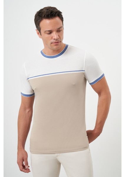 Erkek Bej Trend Çizgili Bisiklet Yaka Dynamic Fit T-Shirt