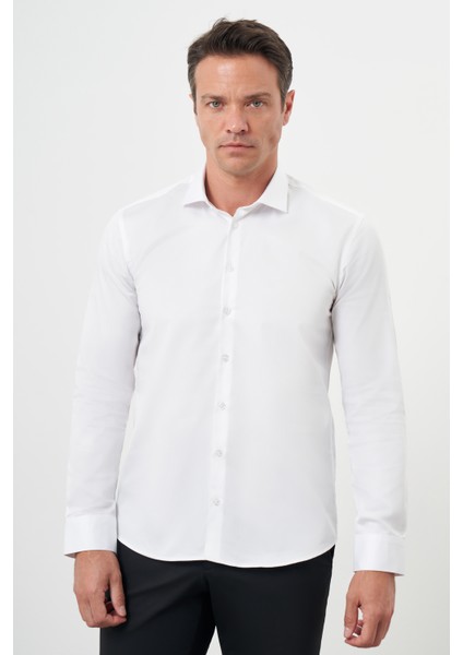 Erkek Beyaz Pamuk Düz Desen Italyan Yaka Slim Fit Gömlek