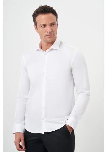 Erkek Beyaz Pamuk Düz Desen Italyan Yaka Slim Fit Gömlek modelleri