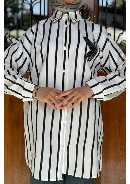 Beyazsiyah Kuş Işlemeli Çizgili Salaş Tesettür Tunik P-00010899 modelleri