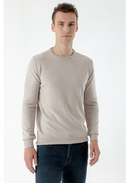 Erkek Bej Basic Bisiklet Yaka Dynamic Fit Rahat Kesim Triko