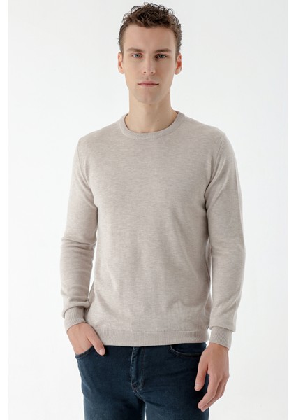 Erkek Bej Basic Bisiklet Yaka Dynamic Fit Rahat Kesim Triko modelleri