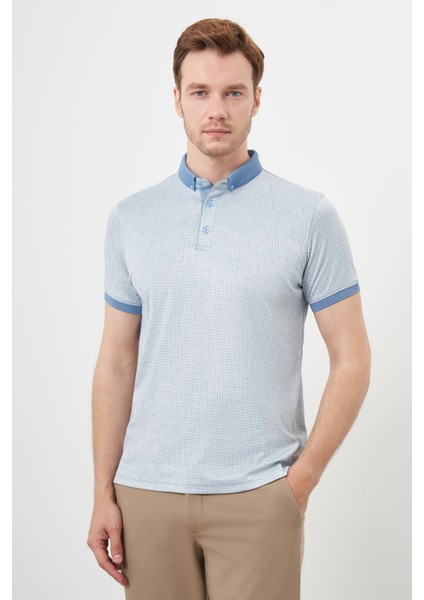Erkek A. Mavi Trend Merserize Jakar Desen Düğmeli Yaka Dynamic Fit T-Shirt