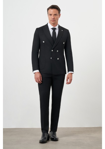 Erkek Siyah Poliviskon Trend Kruvaze Slim Fit Sivri Yaka Takım Elbise modelleri