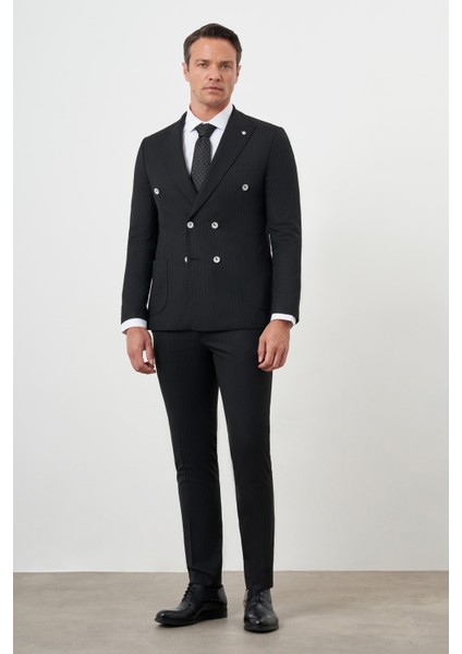 Erkek Siyah Poliviskon Trend Kruvaze Slim Fit Sivri Yaka Takım Elbise fırsatları