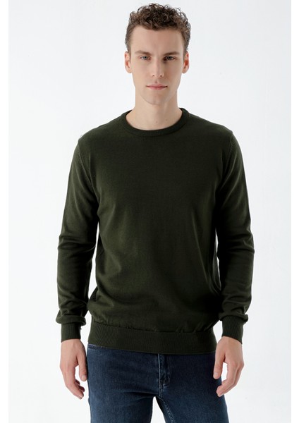 Erkek Haki Basic Bisiklet Yaka Dynamic Fit Rahat Kesim Triko