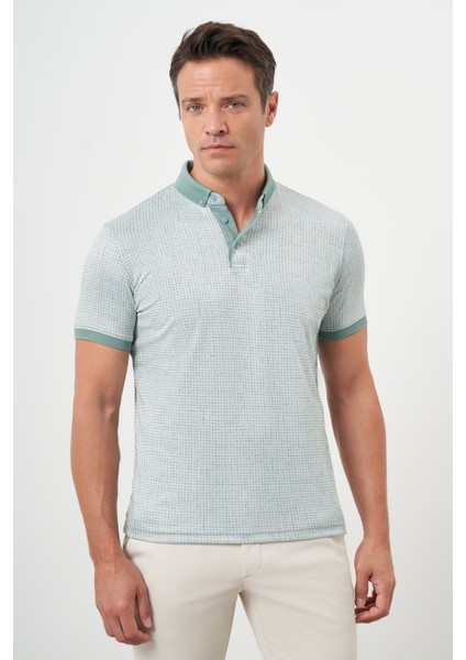 Erkek Su Yeşili Trend Merserize Jakar Desen Düğmeli Yaka Dynamic Fit T-Shirt fiyatları