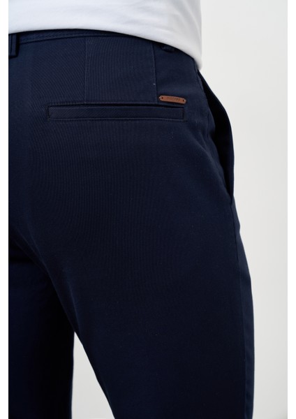 Erkek Lacivert Yazlık Pileli Slim Fit Chino Pantolon