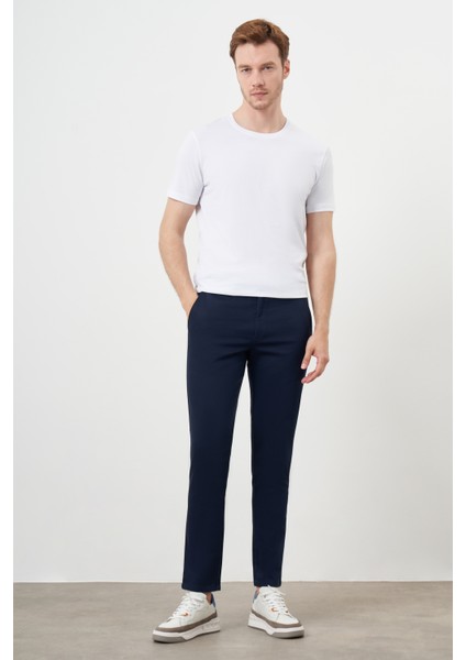 Erkek Lacivert Yazlık Pileli Slim Fit Chino Pantolon