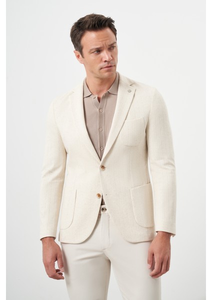 Erkek Bej Örme Slim Fit Torba Cep Mono Yaka Spor Ceket