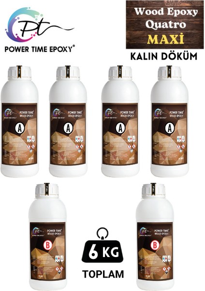 Power Time Epoxy 6 kg Wood Epoxy Quatro Maxi/ Kalın Döküm Şeffaf Epoksi Reçine Sehpa, Masa Için (Yeni)