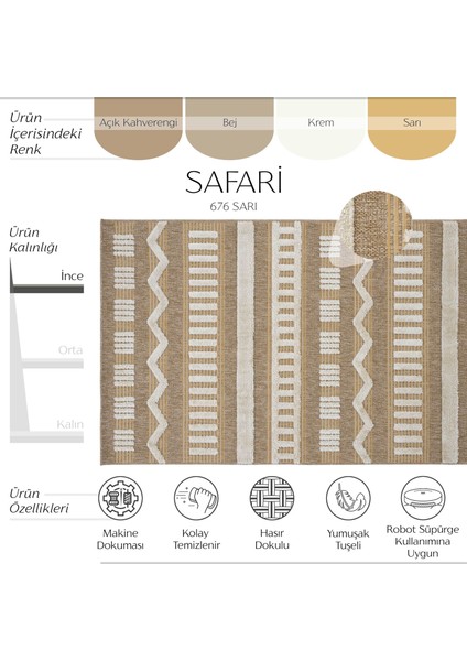 Safari 676 Sarı Iskandinav Halı Yolluk Dekoratif Etnik Halı Natural Mutfak Halısı Rustik Retro Halı