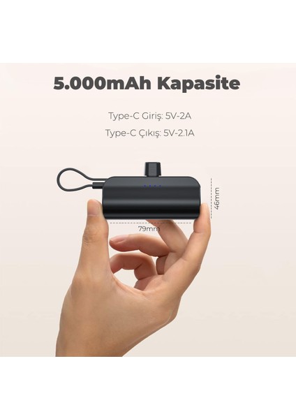 By Deji Type-C Soketli Mini Siyah Powerbank 5000mah 2 Type-c Port Dahili Kablolu Taşınabilir