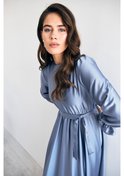 Liza Kuşaklı Saten Elbise - Bebe Mavisi fiyatları