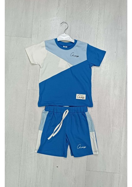 400679 Parçalı Baskılı Şortlu Erkek Takım - Mavi - 4-5 Yaş