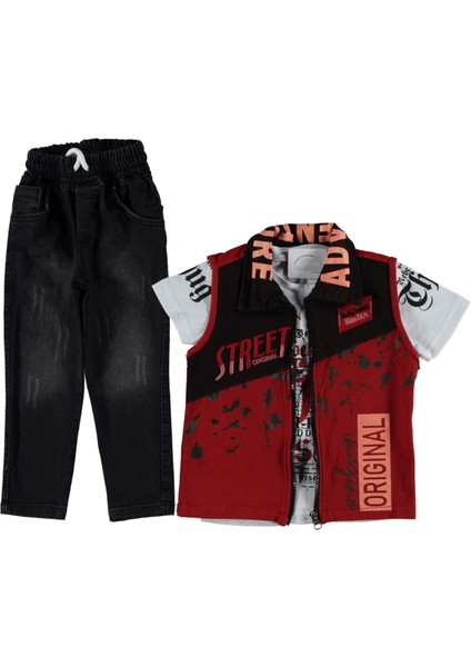 346841 Street Baskılı Yelekli Erkek Takım - Kırmızı - 1-2 Yaş