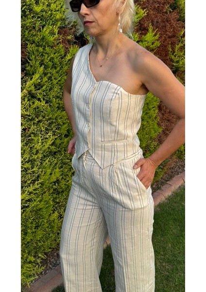 Tek Omuz Yelek- Pantolon Çizgili Takım