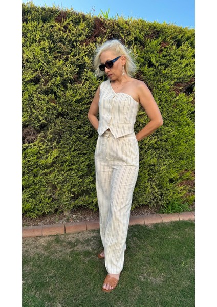 Tek Omuz Yelek- Pantolon Çizgili Takım modelleri