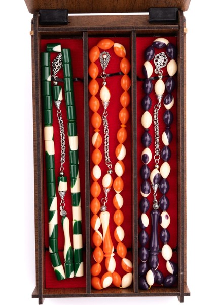 3'lü Ahşap Kutusunda Bilardo Toz Kehribar Tesbih modelleri
