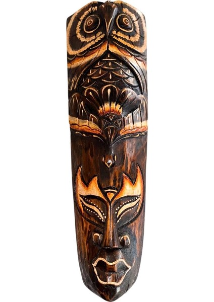 Ahşap Totem Aborjin Tiki Mask 50 cm El Yapımı Duvar Dekoru