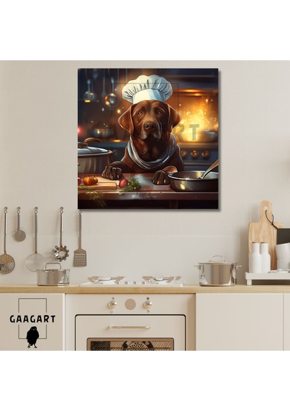 Kare Kanvas Mutfak Tablosu Aşçı Hayvanlar Kahverengi Labrador